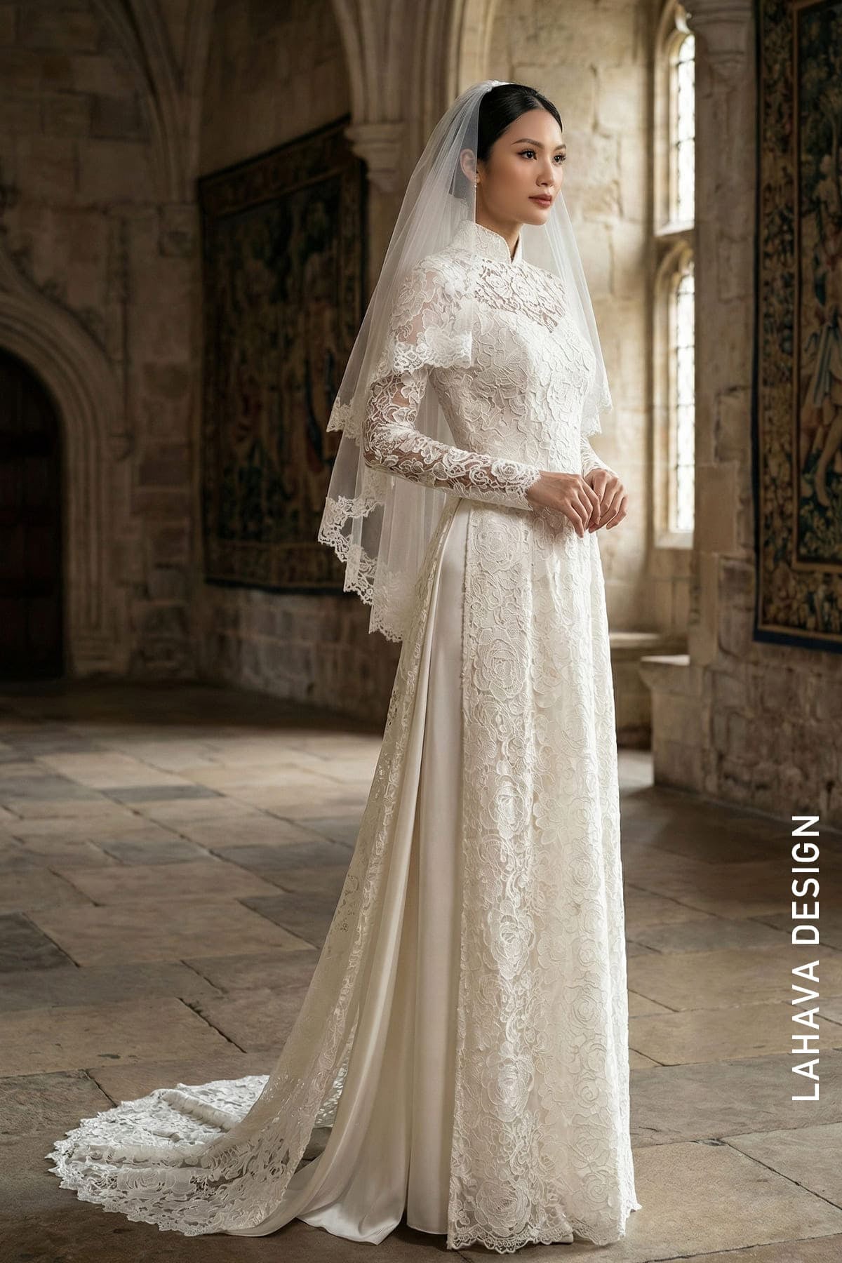 Elegant White Lace Wedding Ao Dai