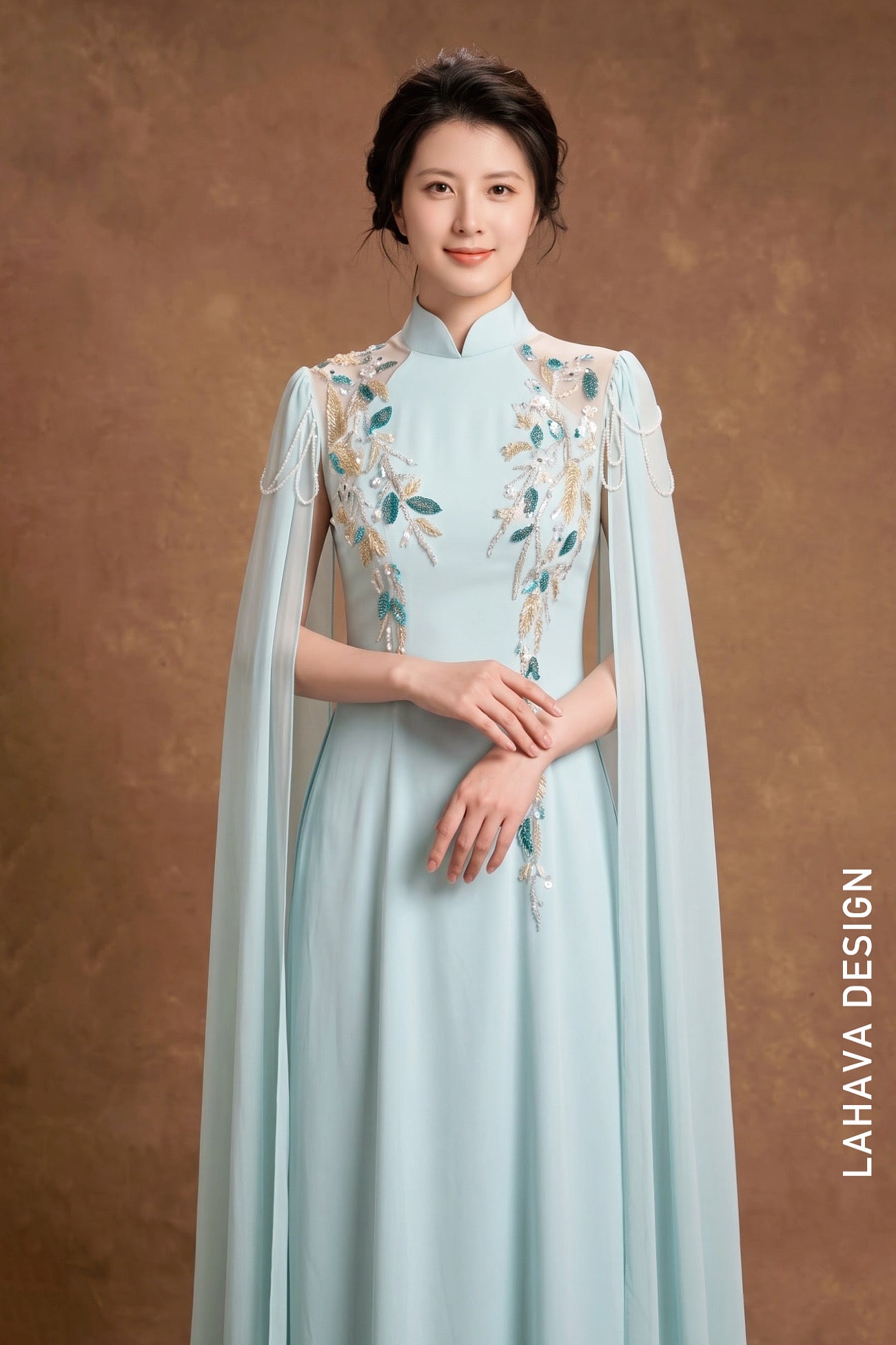 Elegant Pastel Blue Modern Ao Dai with Beaded Cape Sleeves